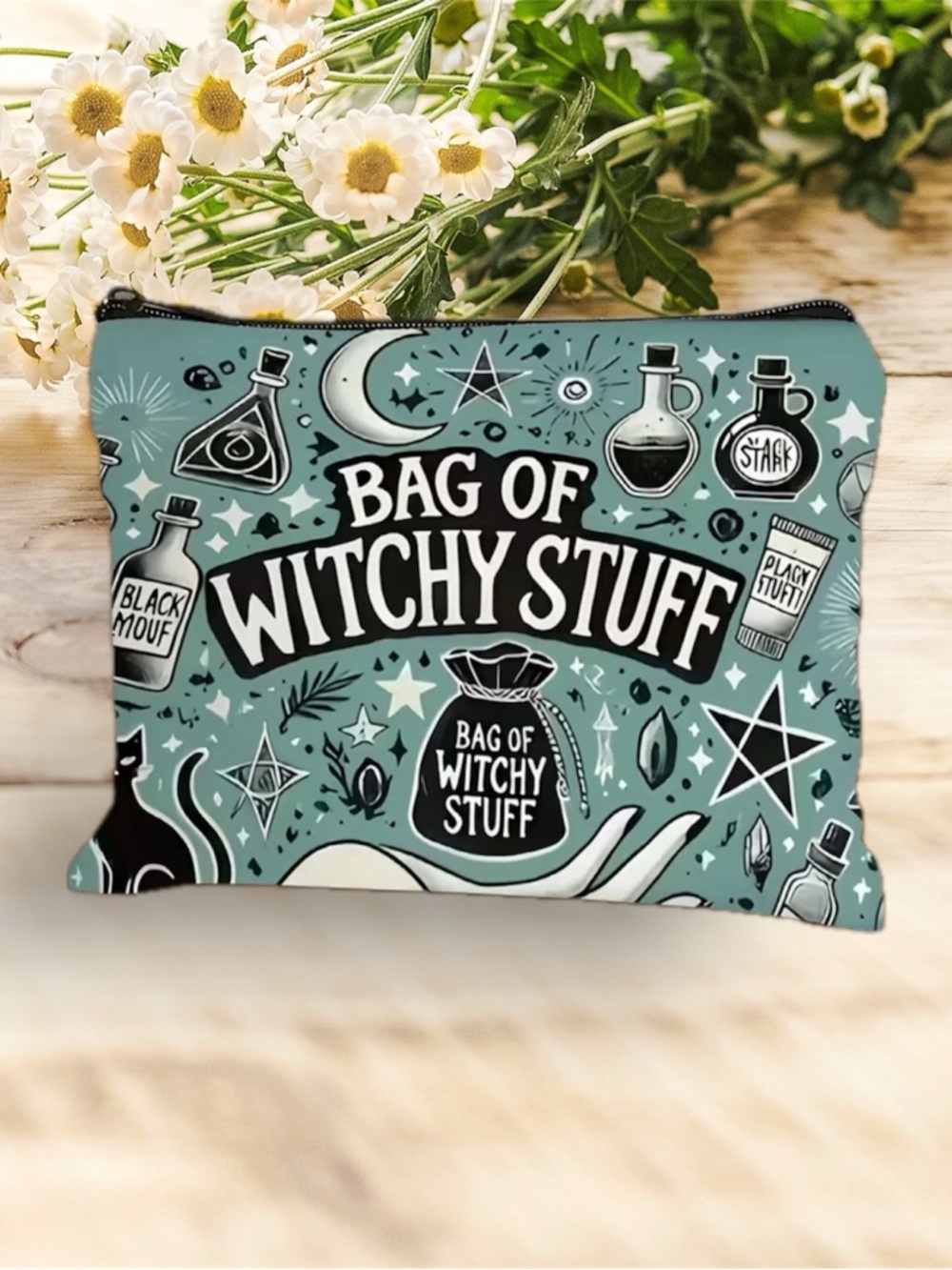 Bag of Witchy Stuff Light Blue/Teal Cosmetic Pouch Pencil/Pen School Supplies